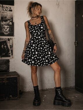 Sleeveless Black Star Print Mini Dress - Women